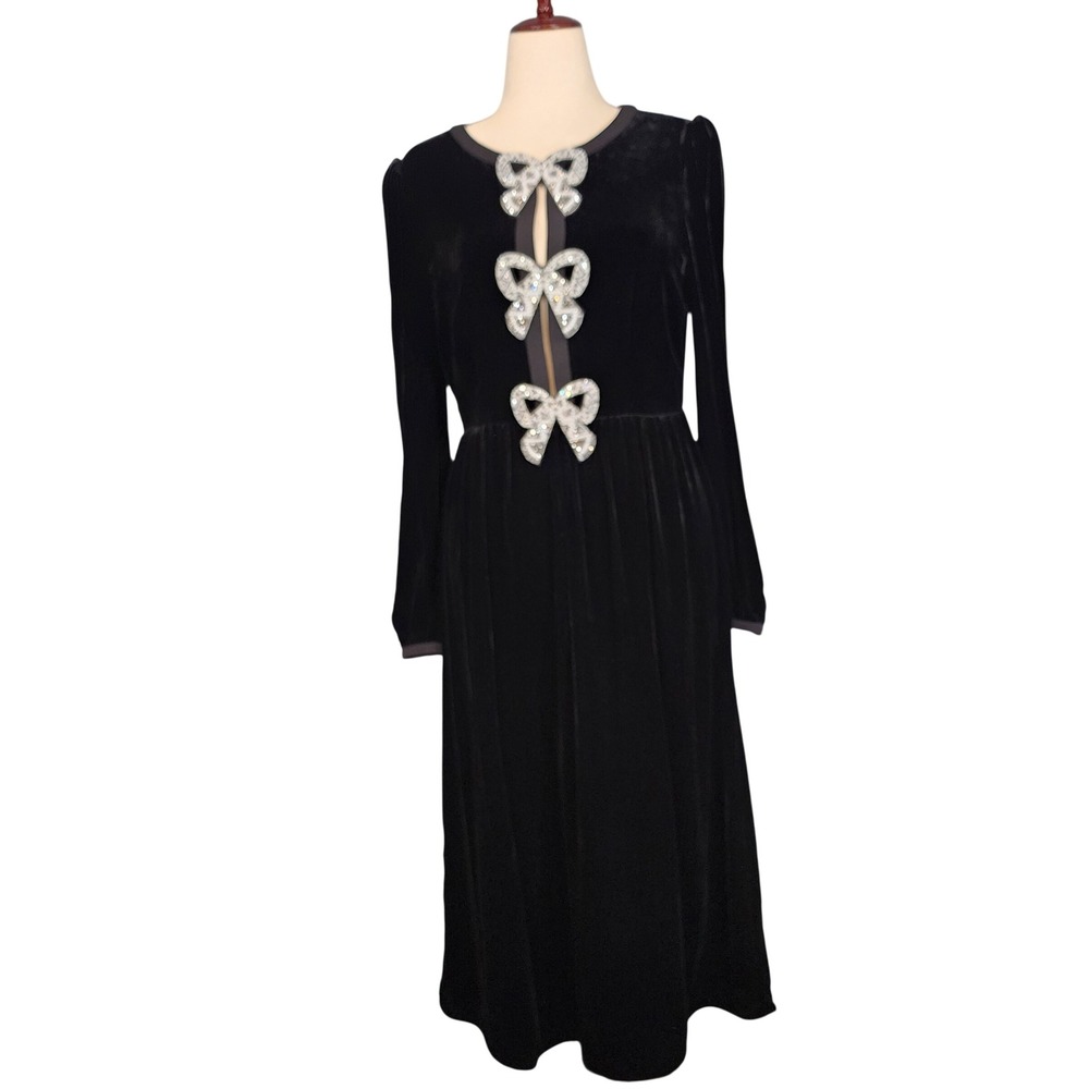 Saloni Velvet Midi Dress‎ Women Black Embellished Bow Camille Cocktail Party